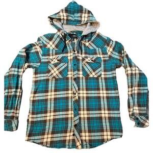 Hurley Flannel Hoodie Mens Medium Button Down Plaid Flap Pockets
